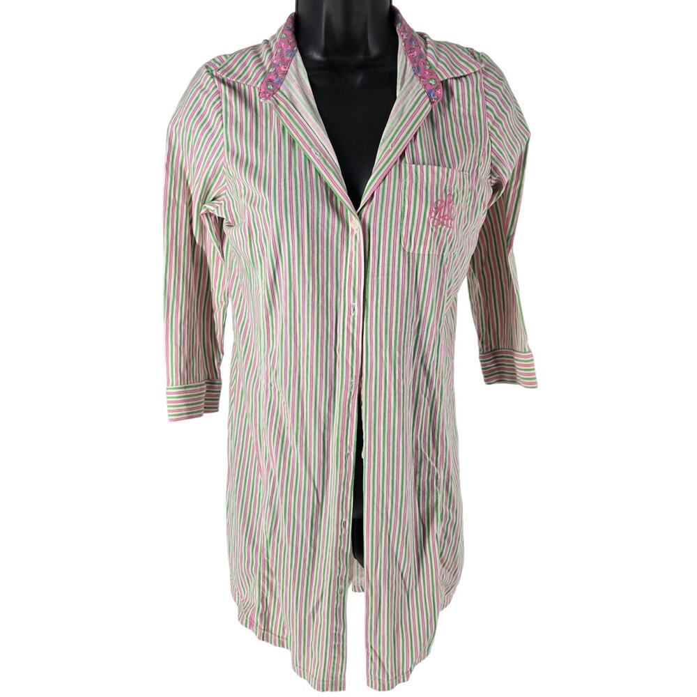Lauren Ralph Lauren Pink Striped Button Down 100% Cotton Sleep Shirt Crest Comfy